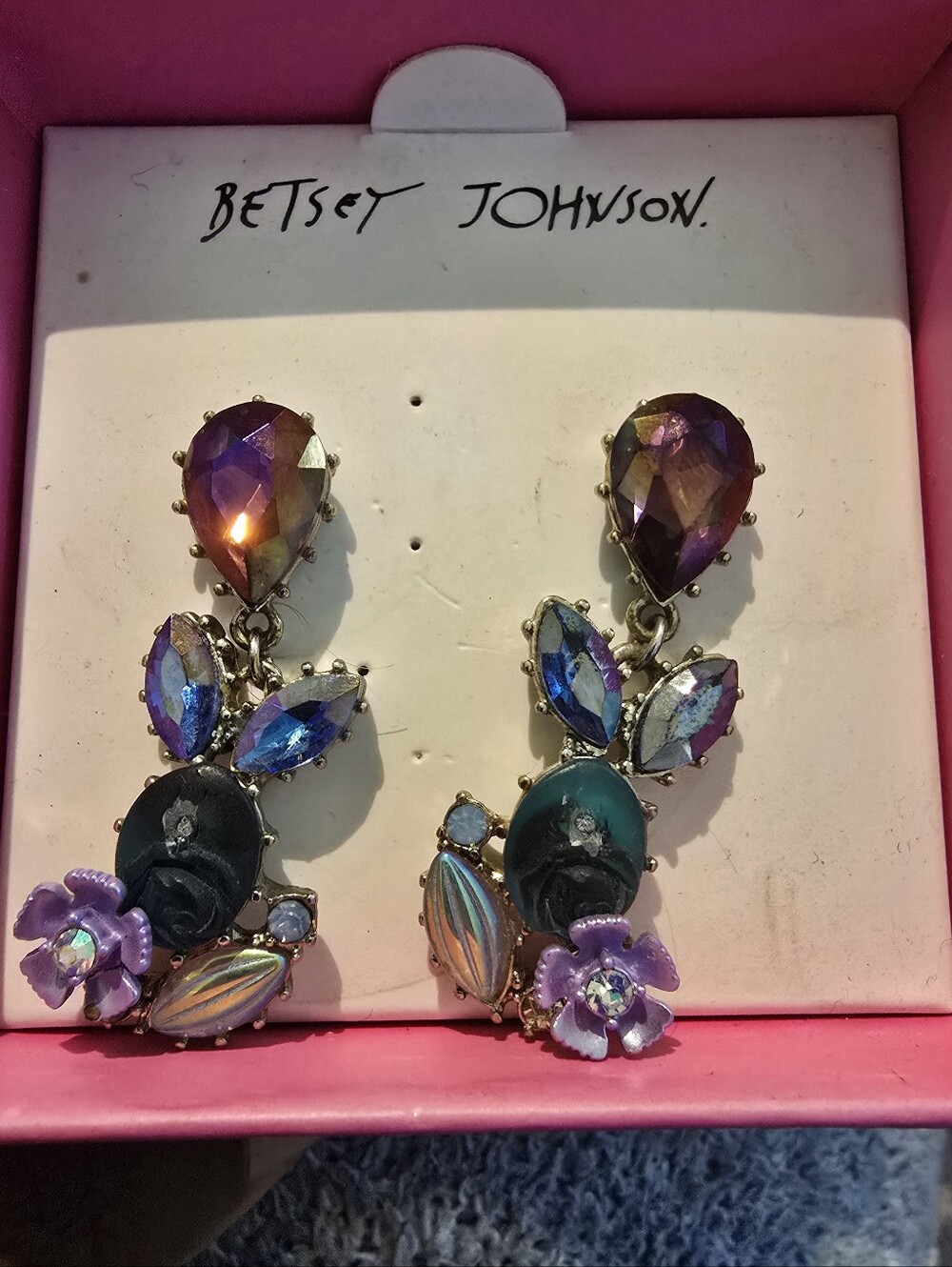 Betsey Johnson Iridescent Purple and Blue Floral Drop Earrings